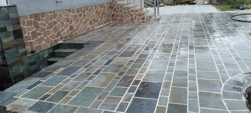 Green slate Flagstone-Terrasse ochre cladding stairs — PelionStones.gr