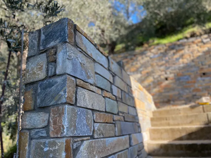 Ochre grey rust corner pillar garden stone stairs — PelionStones.gr